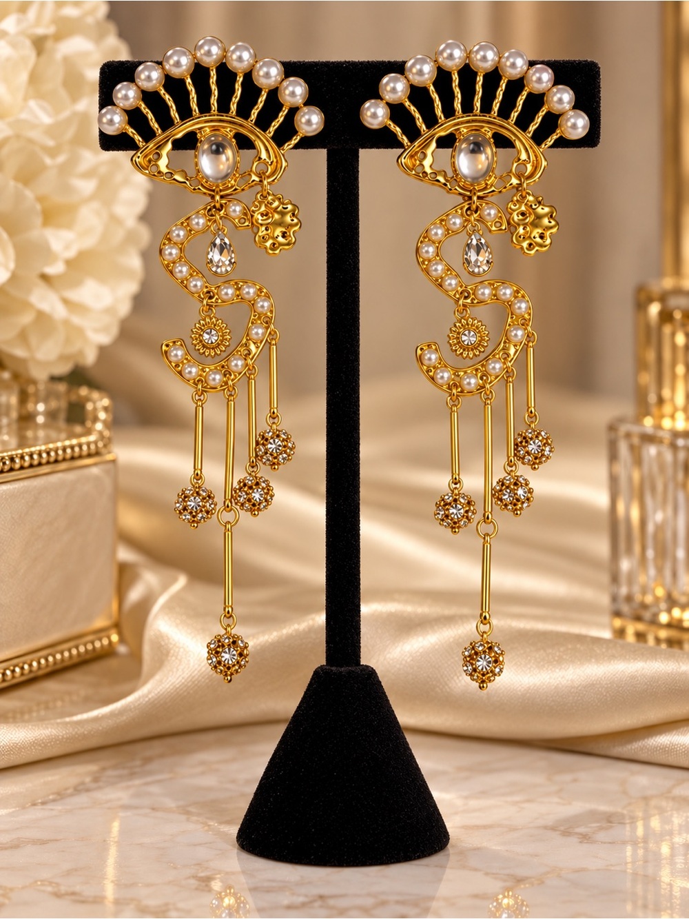 Luxury Gold Pearl Crystal Evil Eye Statement Dangle Earrings